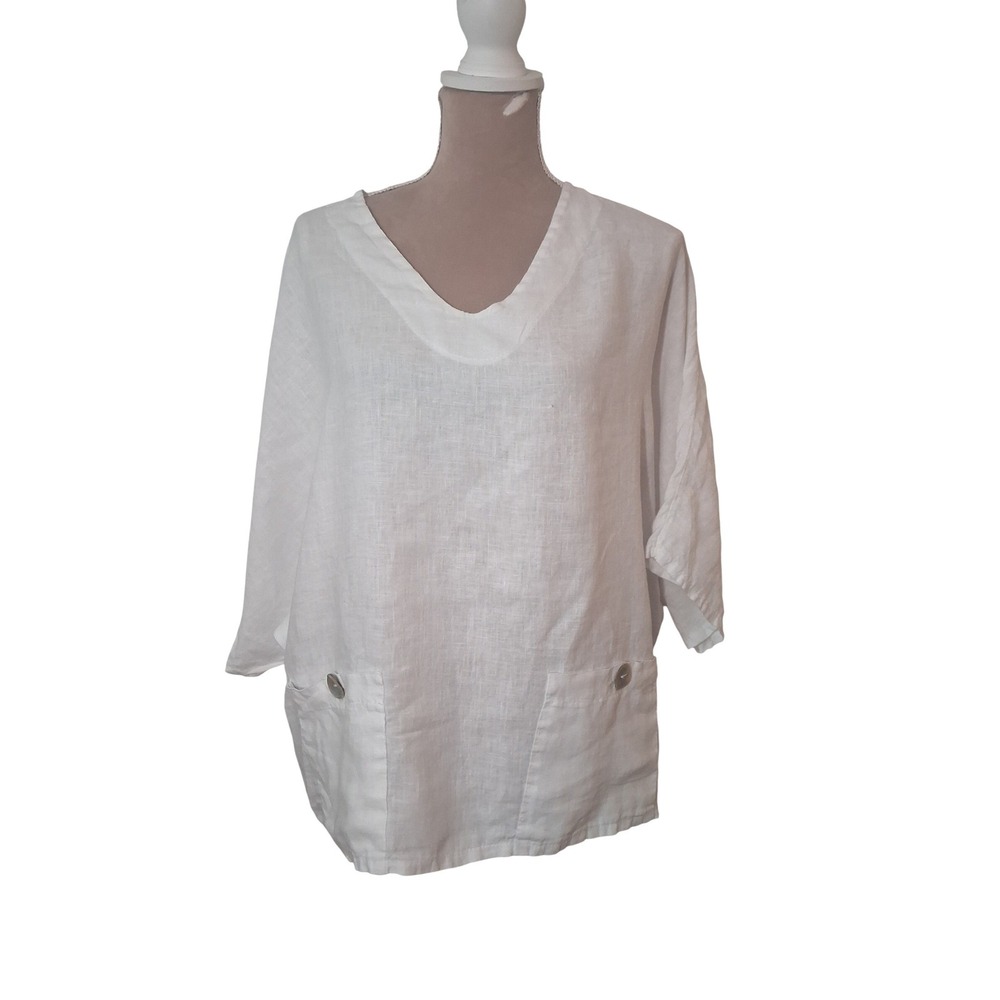 Luca Vanucci Italy White Linen V-Neck Tunic Top One Large